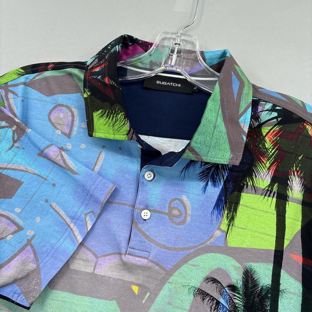 Bugatchi Polo Shirt Men Large Multicolor Palm Tree Tropical Graffiti AOP Graphic